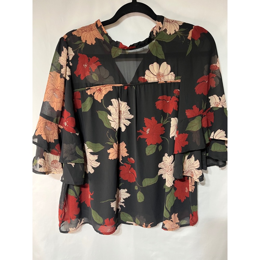 Monteau Los Angeles Floral‎ Ruffle Sleeve Blouse Top XL